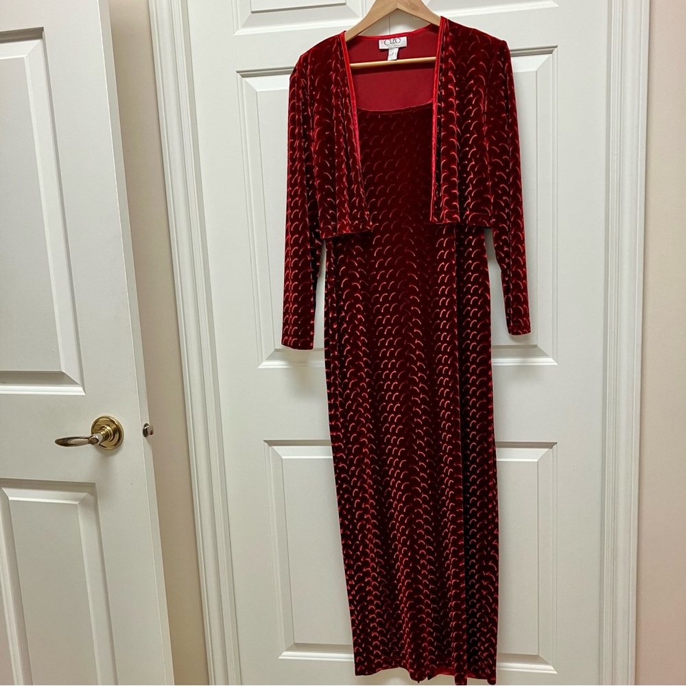 Vintage Cleo 2 piece maxi dress & bolero jacket, red velour/velveteen, size 12